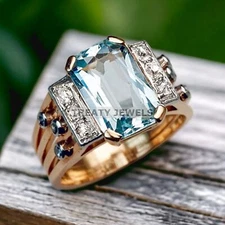 Aquamarine Emerald Cut Gemstone With 925 Sterling Silver Ring For Men's #156