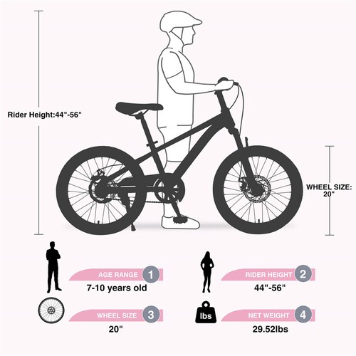 Horquilla de suspensión de bicicleta de montaña de 20" cómoda para montar MTB para edades de 7-10 años rosa - Imagen 2 de 6
