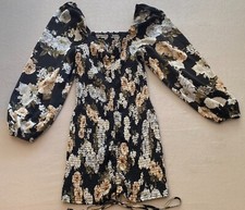 Mini Dress Womens Small Black Floral Drawstring Smocked Puff Sleeve Square Neck