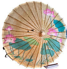 Exquisite Flower-Themed Bamboo  Rice Paper Asian-Style Cream-Colored Parasol