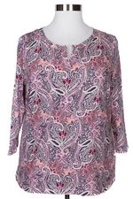 TALBOTS WOMEN'S PINK PAISLEY PRINT 3/4 SLEEVE SPLIT NECK KNIT TOP PLUS Sz 1X