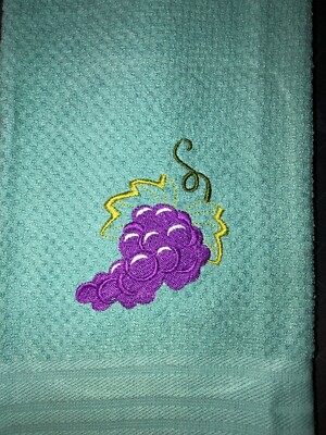 Embroidered Mainstays Teal Kitchen  Hand Towel BUNCH OF  GRAPES w leaves BS2569