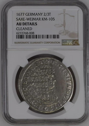 1677 GERMANY SILVER 2/3 THALER SAXE WEIMAR NGC au details