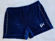GK Elite SHORTS Leotard BLUE Velour VELVET Gymnastics BAR Rhinestone BLING Sz AS