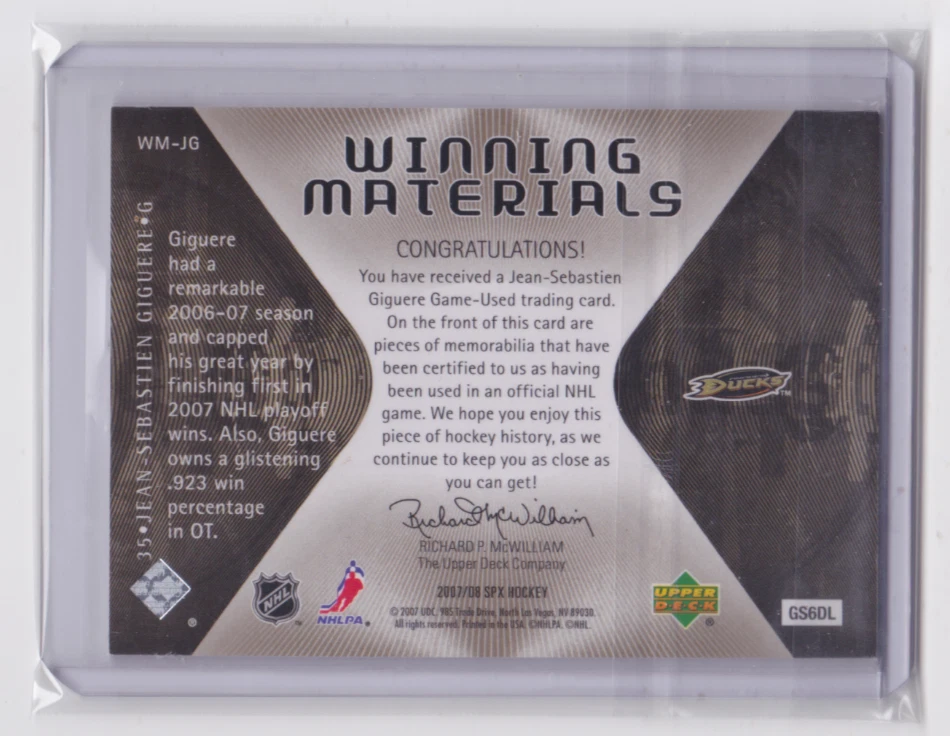 2007-08 UD SPX WINNING MATERIALS INSERT JEAN-SEBASTIEN GIGUERE #WM-JG DUCKS - Image 2 of 2