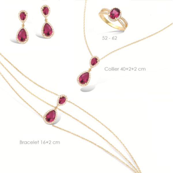 Bracelet Ajustable Rubis & Diamants CZ - Plaqué Or 18K - Longueur 16+2 Cm - Neuf