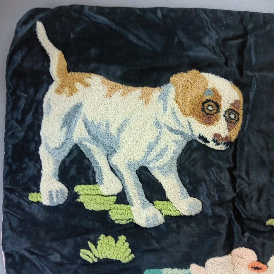 Antique Crewel Embroidery Needlepoint Pillow Cover on Satin Puppy Dogs Pond Duck - Image 2 of 4