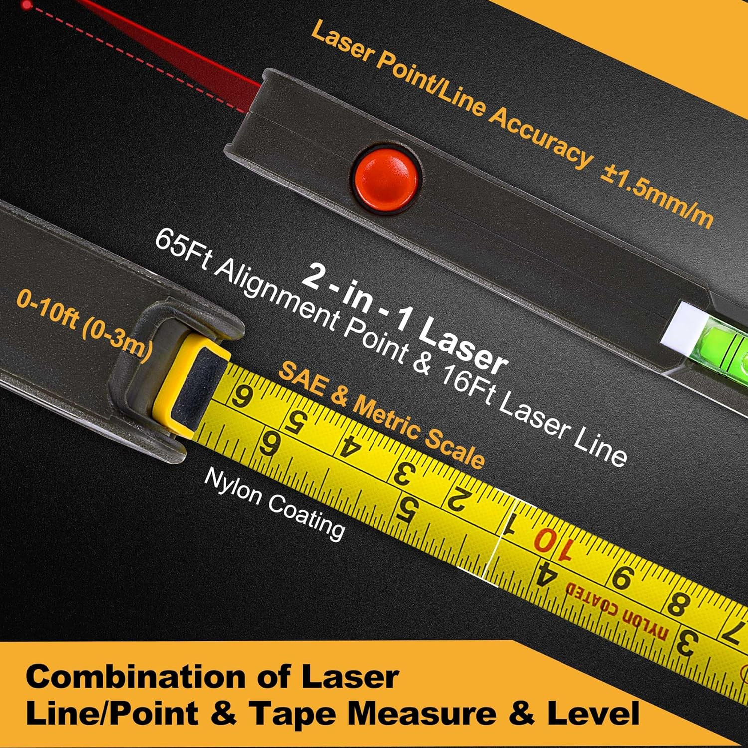 4-In-1 Line Laser Level Multipurpose Torpedo Level, 65Ft Alignment Point & 16Ft 