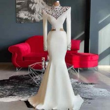 Mermaid Evening Dress Diamonds Crystal Beading Gown High Collar Long Sleeves