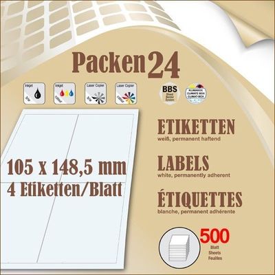 Box(en) á 500 Blatt Packen24 Etiketten 105x148,4 mm selbstklebend A4 Vielzweck
