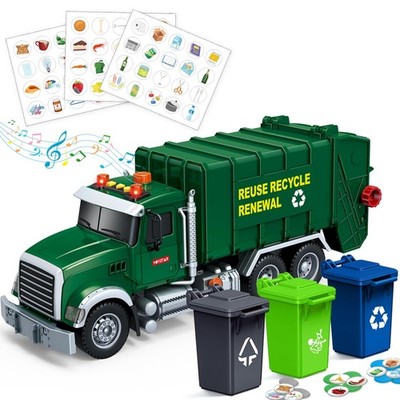 15'' Garbage Truck Toy with Lights Sounds 3 Trash Bins for Kids Ages 3-8