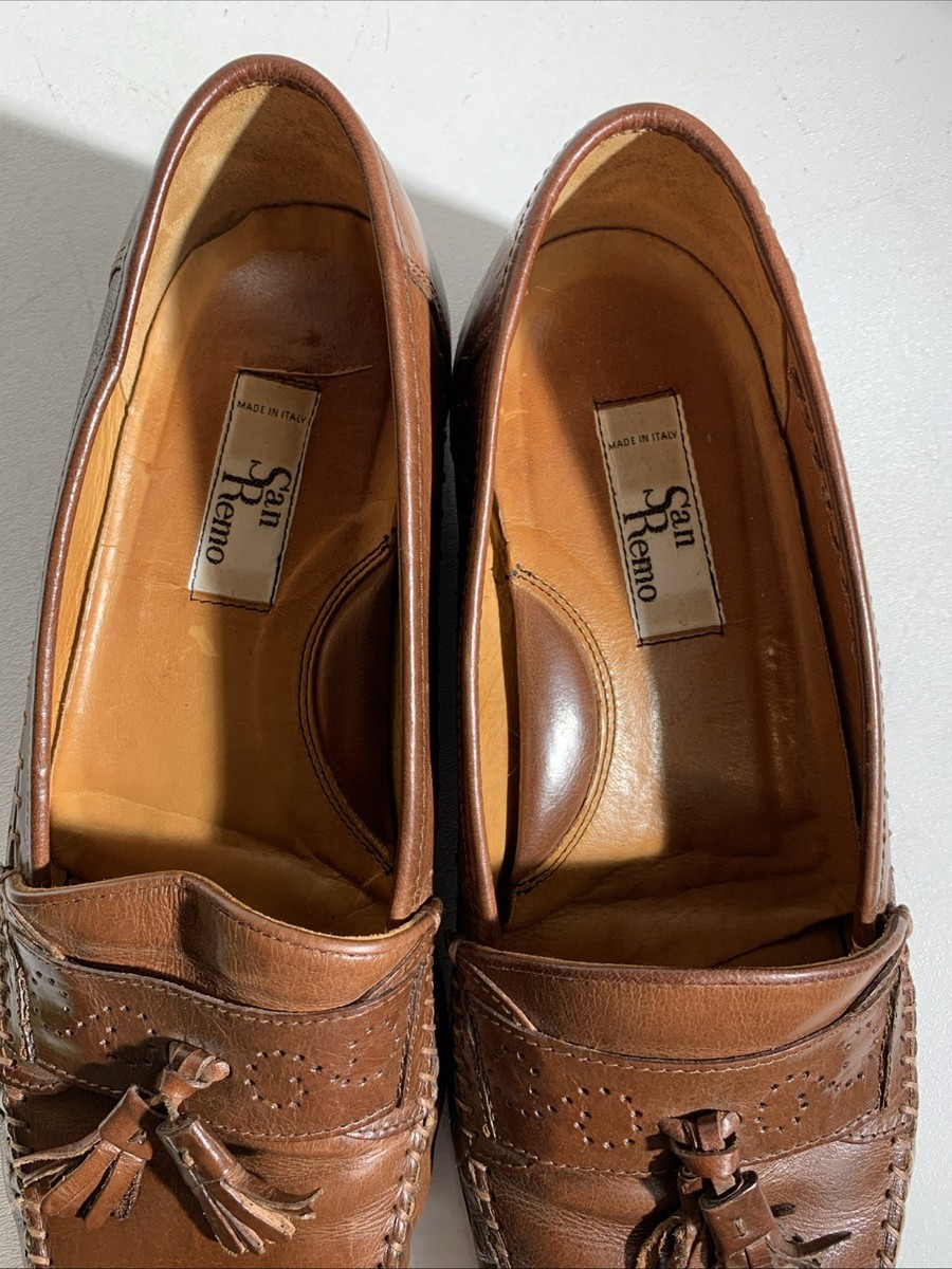 San Remo Mens Brown Leather Tassel Slip On Loafers Made In  display picture 1