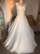 White Rose Ivory Satin A-Line V-Neck Sleeveless Beaded Wedding Dress UK 12