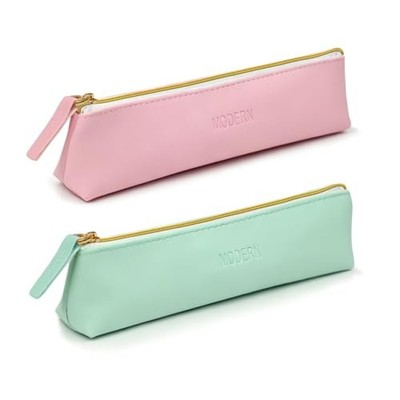 PCS Faux Leather Pencil Case Pouch,Slim Aesthetic Pen Bags with 2 PinkGreen