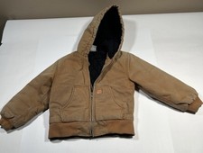 Carhartt Hooded Duck Canvas Jacket Youth Size Small 8/10 Brown Quilted Lining