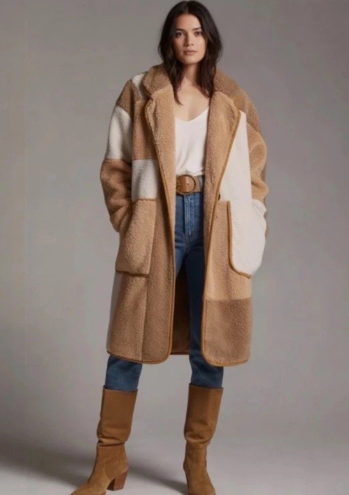 32 Anthropologie Pilcro Colorblocked Sherpa Coat Patchwork $298 M NEW