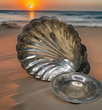 Vtg Lot Large Silverplate Ornate Sea Shell Dish & Pedestal Dish Patina Granny