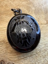 Antik Viktorianisch Jet ' Imo 'Speicher Of Memento Mori Haar Medaillon Trauer