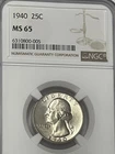 1940 Washington Silver Quarter NGC MS65 Vintage Original Uncirculated Coin