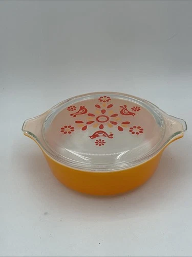Vintage Pyrex Orange Round Casserole 471 Pint Friendship Birds Clear Lid 470-C