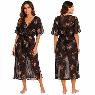 Jolt Sheer Swim Cover Up M Dress Womens Floral Maxi Dress Black Tassel Waist