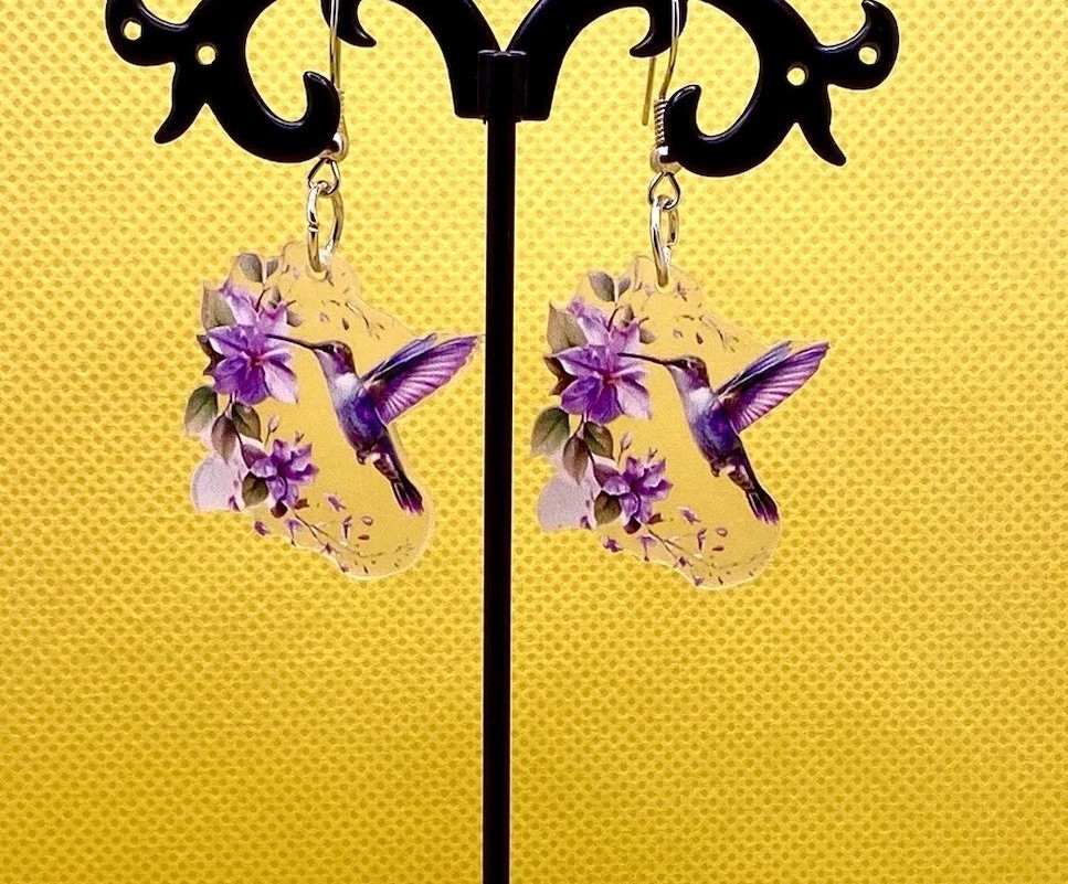 Purple Acrylic Hummingbird Dangle Drop Earrings Hook Closure Animals Flowers
