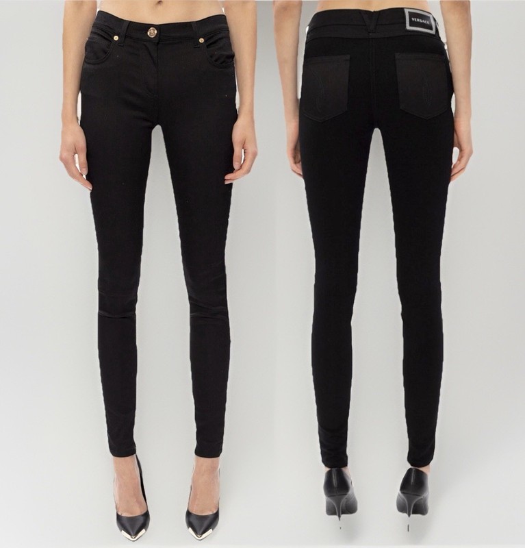 VERSACE⚡️Satin & stretch twill denim black skinny ankle zip pants jeans size 26