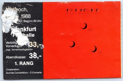 Rush Ticket 1988 - Hold Your Fire Tour - Frankfurt Festhalle - Konzert Karte