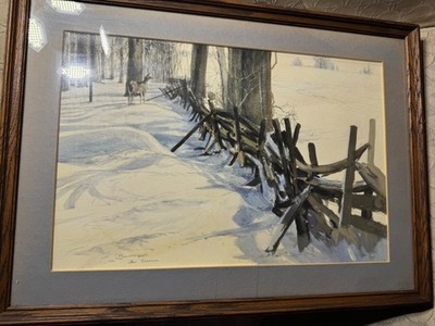 David Blankley After Bateman ''Deer In Winter Landscape'' Watercolor Painting