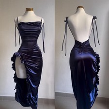Women's Spaghetti Straps Sleeveless High Waist Split Midi Bodycon Cocktail Dress