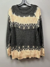 100% Mohair Sweater Womens XL Gray Beige Fair Isle Crewneck Pullover Knit Soft