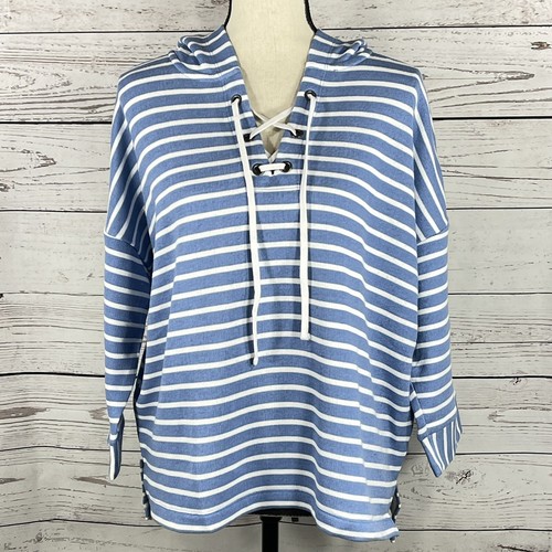 Style & Co Large Hooded Sweatshirt 3/4 Sleeve Stretch Lace-Up Neck Hi-Low Stripe
