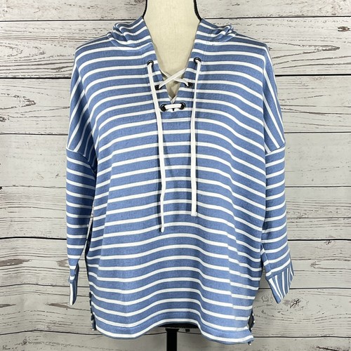 Style & Co X-Large Hooded Sweatshirt 3/4 Sleeve Lace-Up Neck Hi-Low Striped Blue - Picture 1 of 9