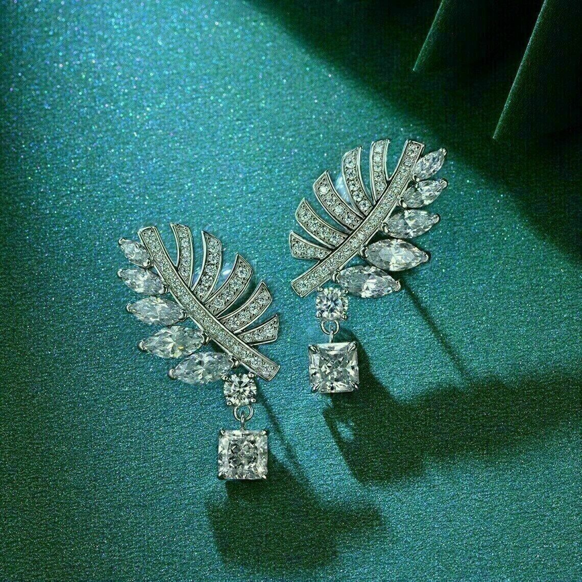 14k White Gold Plated  2.9 Ct Round Cut Simulated Diamond Leaf Stud Earrings