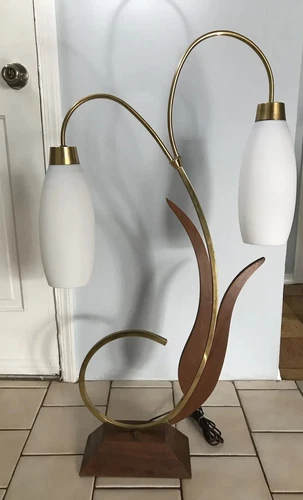 Vintage 1950s Brass Wood MAJESTIC LAMP Milk Glass Shades Mid Century Modern MCM
