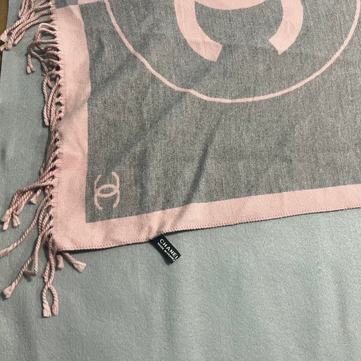 CHANEL Cashmere Silk Shawl Scarf Wrap Pink & Gray CC Logo Spellout
