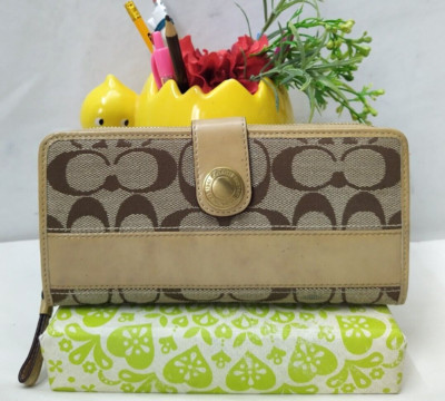 Coach Signature Brown Canvas Leather Trim Stripes 65th Ann. Zip