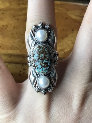 Cocktailring Matrix blau Türkis weiße Perle Sterlingsilber