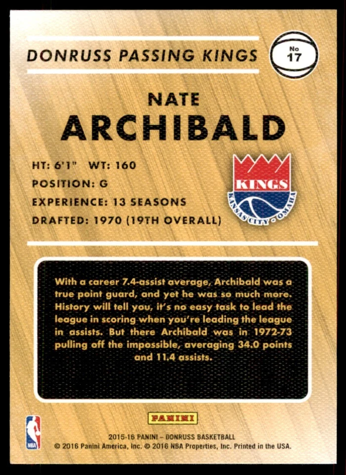 2015-16 Donruss Passing Kings Nate Archibald KC-Omaha Kings #17 - Image 2 of 2