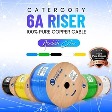 1000ft CAT6A Riser Ethernet Cable Solid Bare Copper, CMR 750MHz UTP Bulk Blue