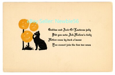 Halloween Greetings - BLACK CAT W/ JOL - Embossed TR&Co Postcard Fantasy/Elf