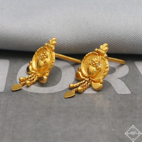 Pure 22k 916 Yellow Gold Stud Earrings, 22kt Gold Indian Handmade Jewelry - Picture 3 of 6