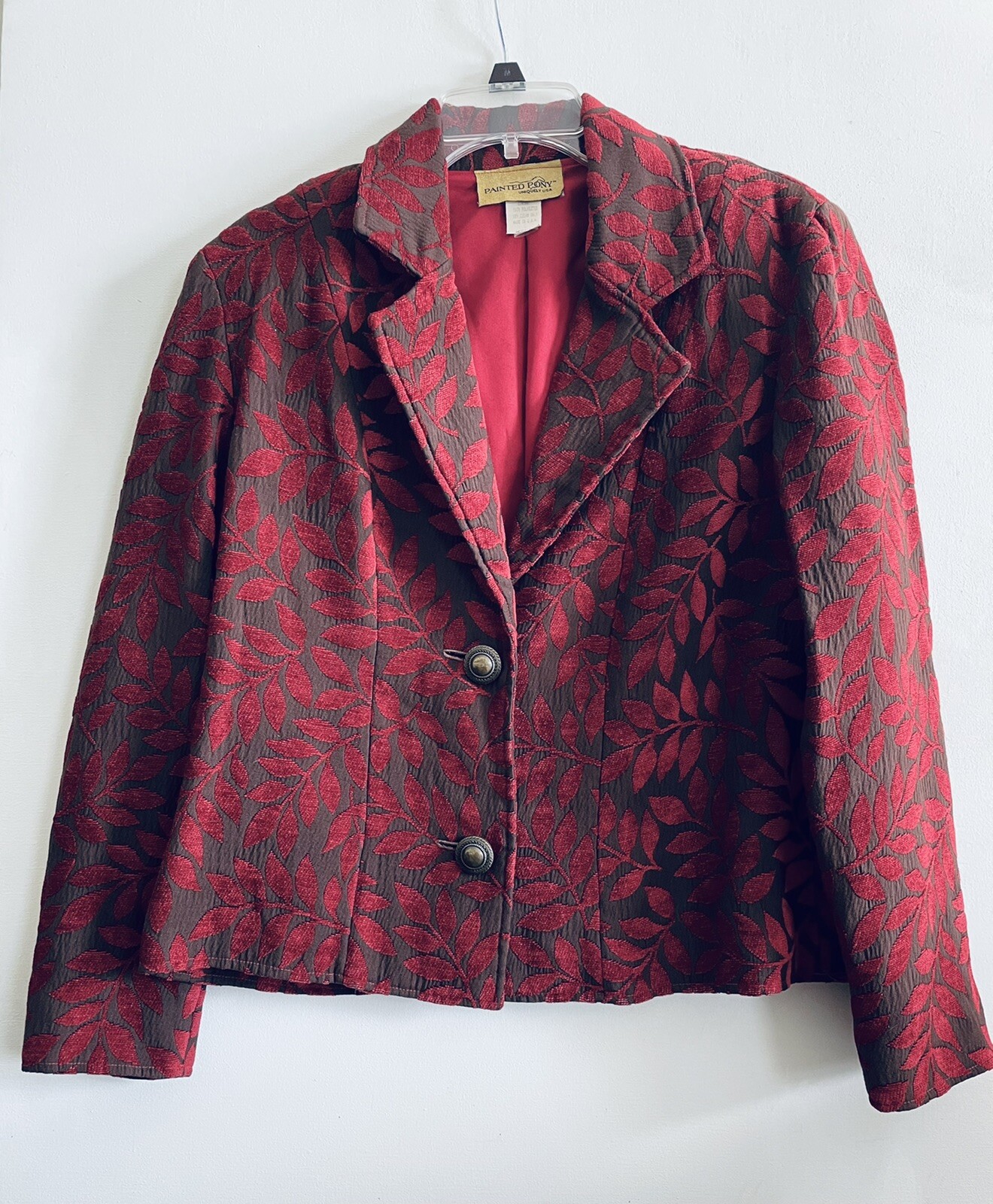 PONY Giacca foderata donna arazzo velluto rosso cavallo dipinto motivo foglia taglia media