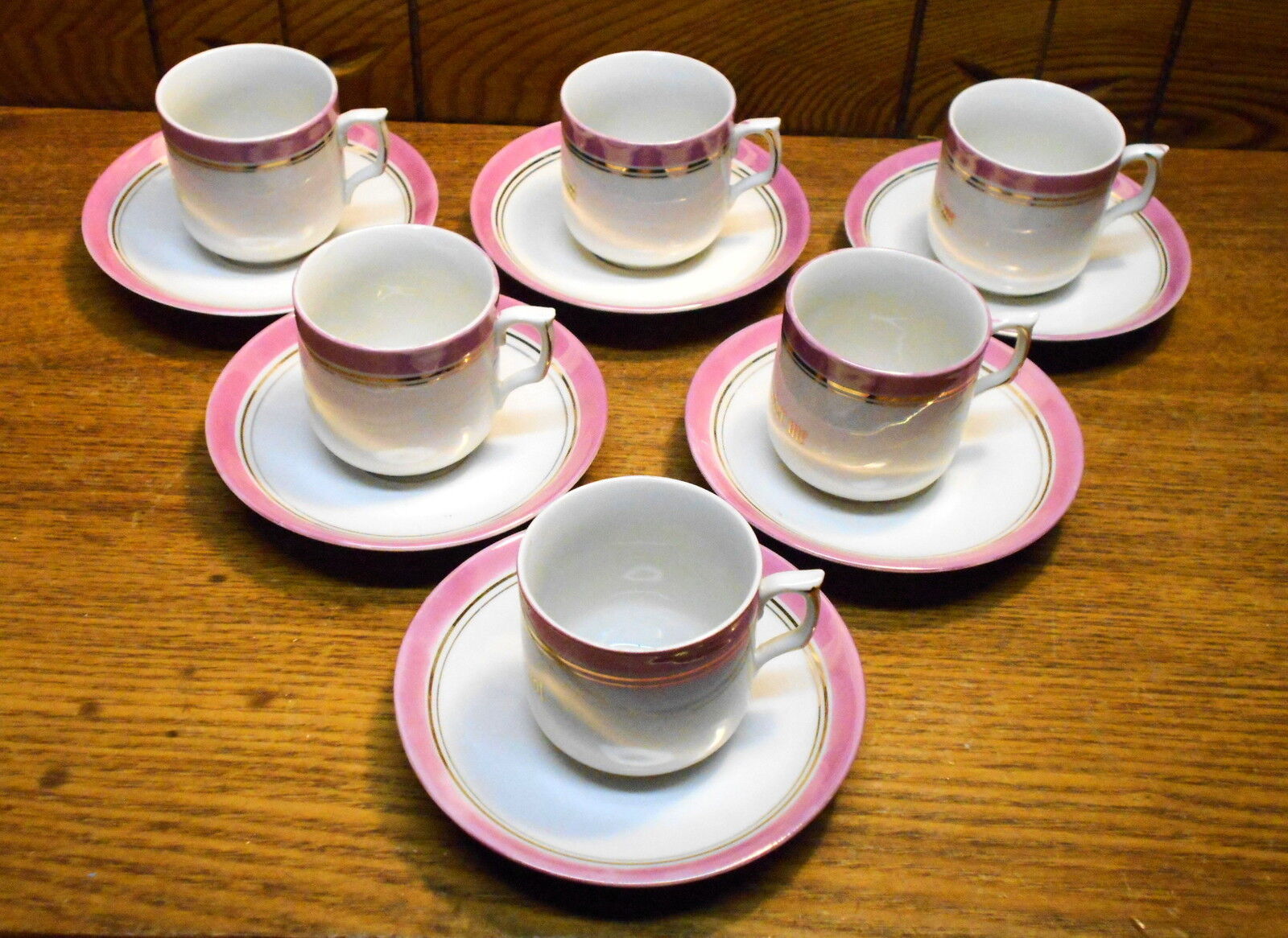 6 Old Porcelain Demitasse Cup & Saucer Sets - Germany - Think Of Me Remember Me Nowa niska cena