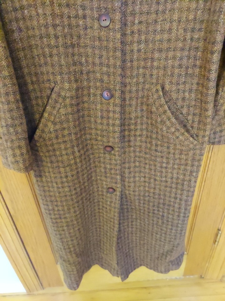 Vtg LL Bean Houndstooth Wool Blend Long Coat Suede Trim Brown Gray 90s