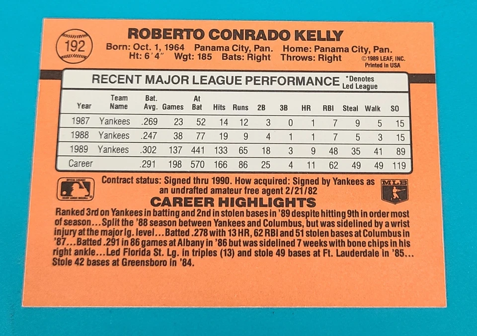 1990 Donruss #192 Roberto Kelly New York Yankees BASEBALL Card V6 - Image 2 of 2