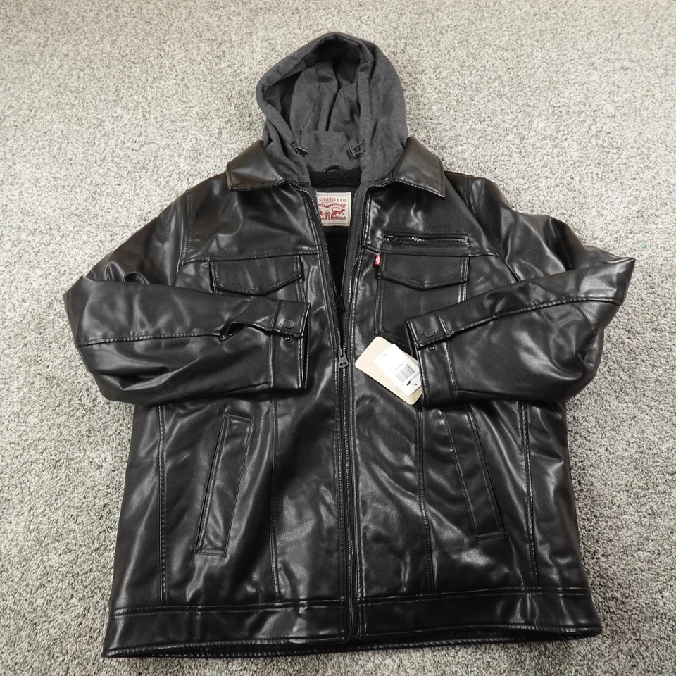 NEW Levis Jacket Mens LT Black Faux Leather Sherpa Lined Hooded Zip Trucker Coat - Image 2 of 4