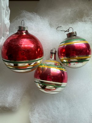 Vintage Red Green Yellow  Striped Stencil SHINY BRITE Glass Christmas Ornaments