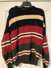 Vintage Nautica Multi Color Crew Neck Cable Knit Striped Sweater Mens Size M