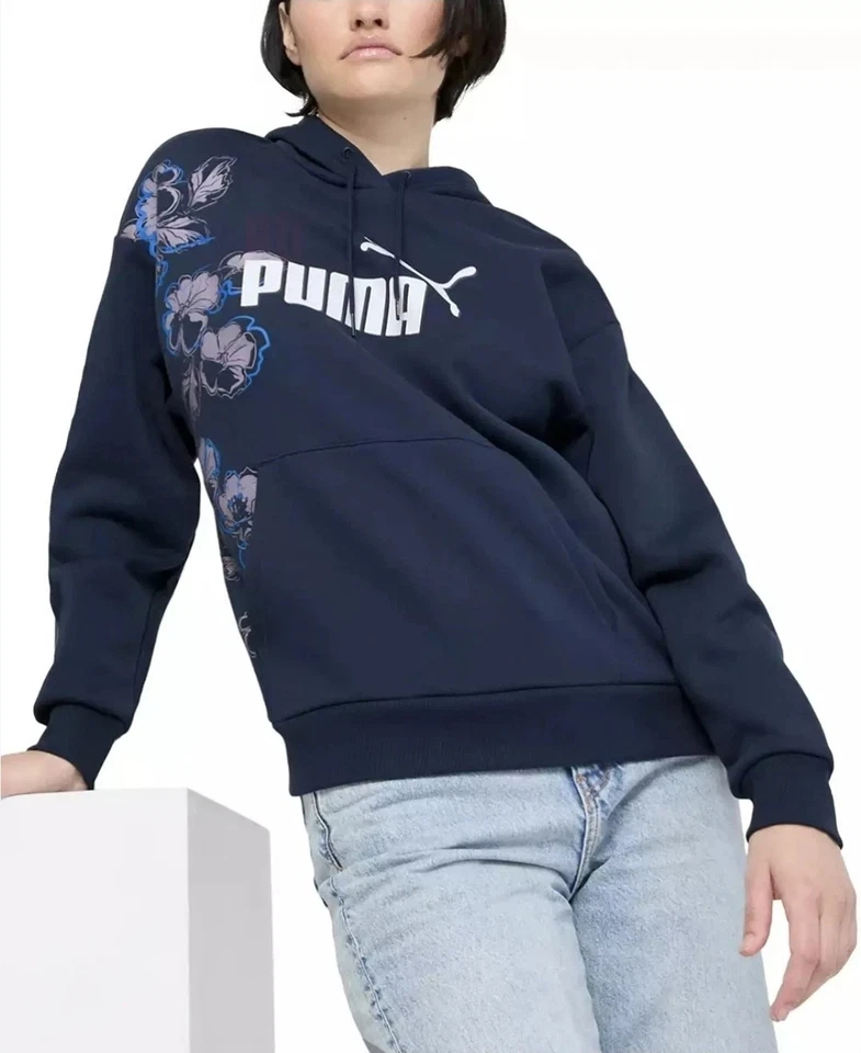Sudadera con capucha para mujer Puma de algodón esencial floral vibraciones - azul marino Foto 4 de 4